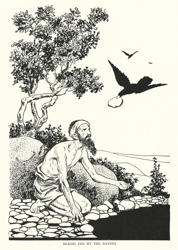 Korppien ruokkima Elia (litografia) tekijältä Thomas Heath Robinson