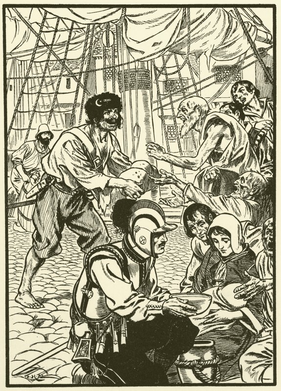 Nälkäisten kansalaisten ruokkiminen (kaiverrus) tekijältä Thomas Heath Robinson