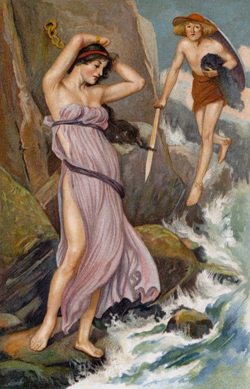 Täynnä sääliä... ...sääliä... Perseus lähestyi ja katsoi neitoa (chromolitho) - tekijältä Thomas Heath Robinson