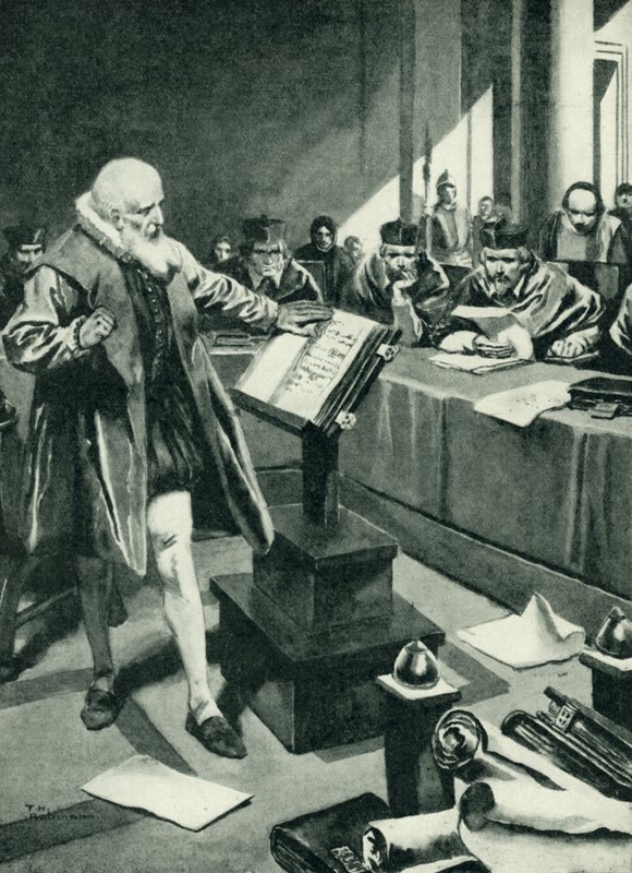 Galileo esiintyy kardinaalien edessä (litografia) tekijältä Thomas Heath Robinson