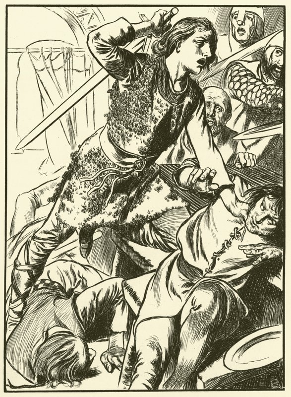 Hereward ja hänen miehensä hyökkäävät normannien kimppuun (kaiverrus) tekijältä Thomas Heath Robinson