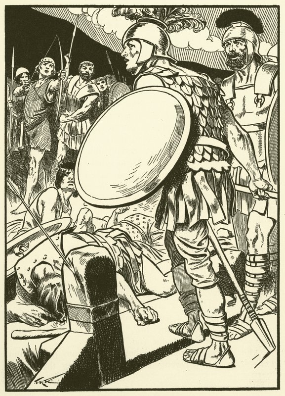 Horatius sillalla (kaiverrus) tekijältä Thomas Heath Robinson