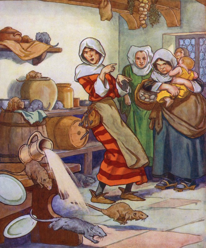 Kuvitus Hamelinin kyyhkynen (värilitografia) tekijältä Thomas Heath Robinson