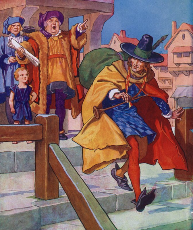 Kuvitus Hamelinin kyyhkynen (värilitografia) tekijältä Thomas Heath Robinson