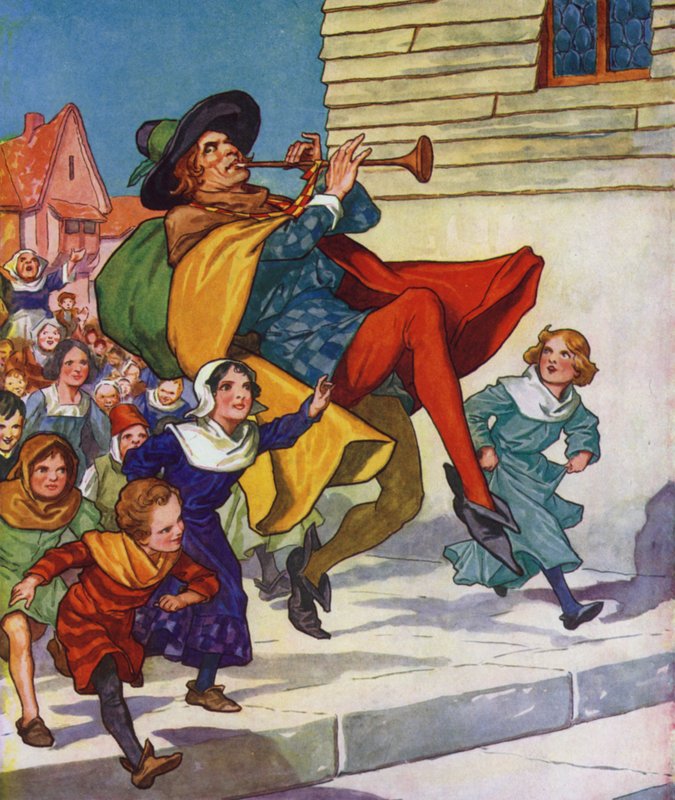 Kuvitus Hamelinin kyyhkynen (värilitografia) tekijältä Thomas Heath Robinson
