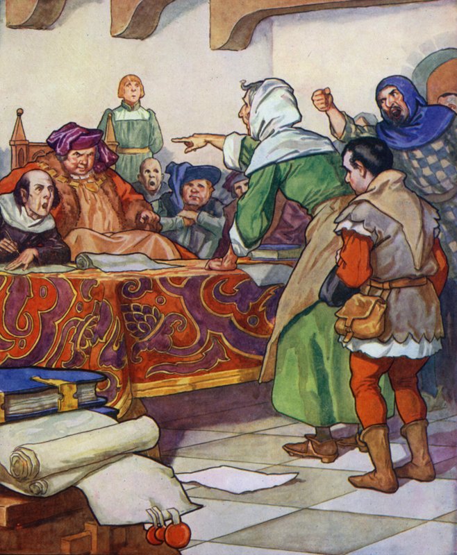 Kuvitus Hamelinin kyyhkynen (värilitografia) tekijältä Thomas Heath Robinson
