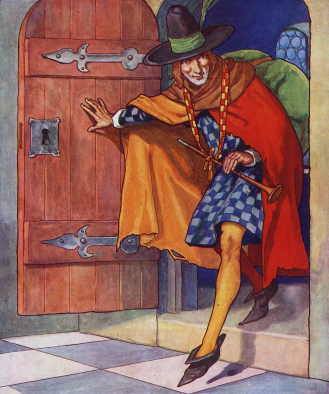 Kuvitus Hamelinin kyyhkynen (värilitografia) tekijältä Thomas Heath Robinson
