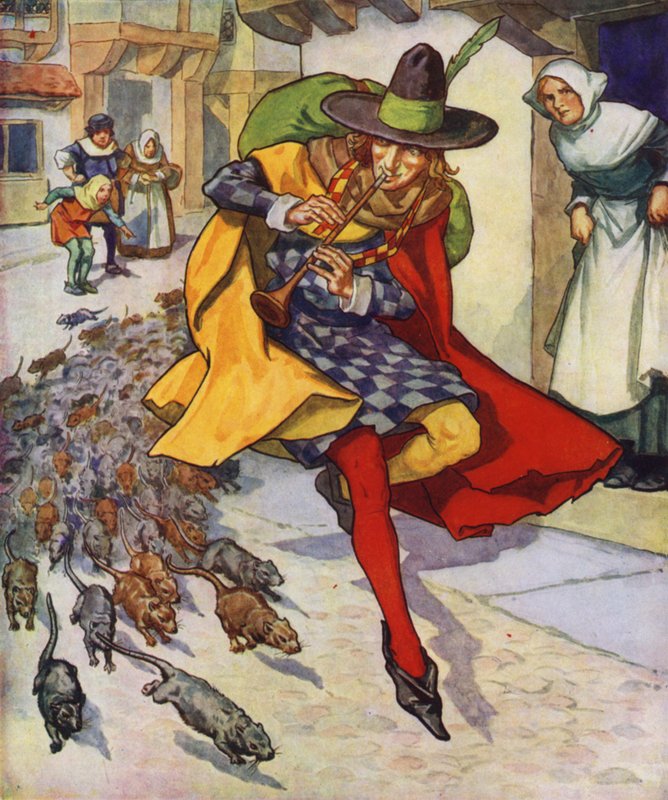Kuvitus Hamelinin kyyhkysen kujeeseen (värilitografia) tekijältä Thomas Heath Robinson