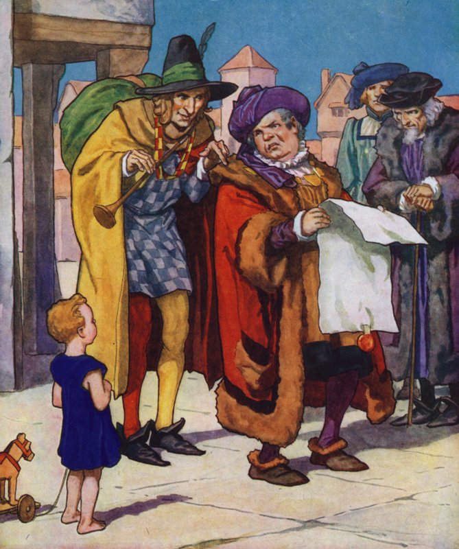 Kuvitus Hamelinin kyyhkynen (värilitografia) tekijältä Thomas Heath Robinson