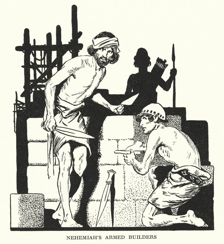 Nehemian aseistetut rakentajat (litografia) tekijältä Thomas Heath Robinson