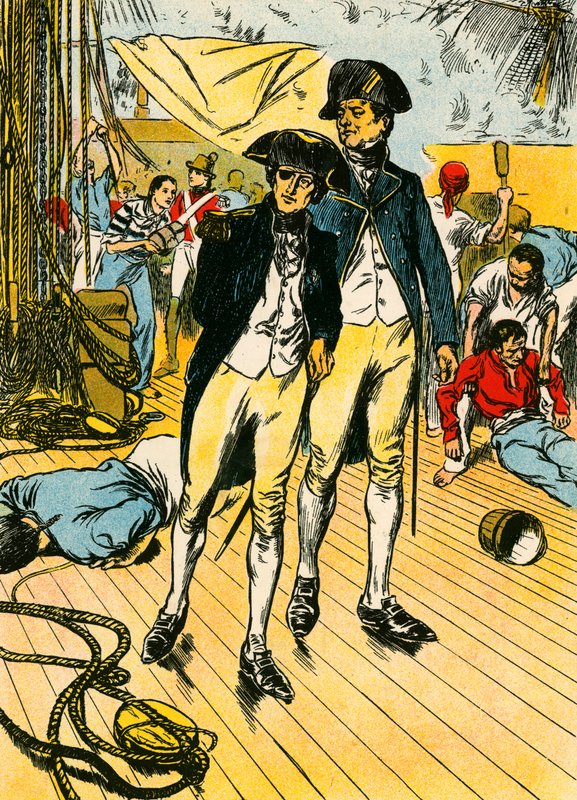 Nelson "Victory"-aluksella Trafalgarissa (värilitografia) tekijältä Thomas Heath Robinson
