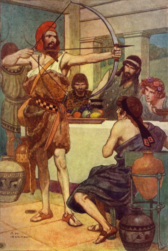 Odysseus rankaisee kosijoita (värilitro) tekijältä Thomas Heath Robinson