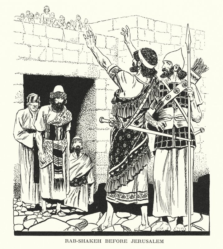 Rab-Shakeh ennen Jerusalemia (litografia) tekijältä Thomas Heath Robinson