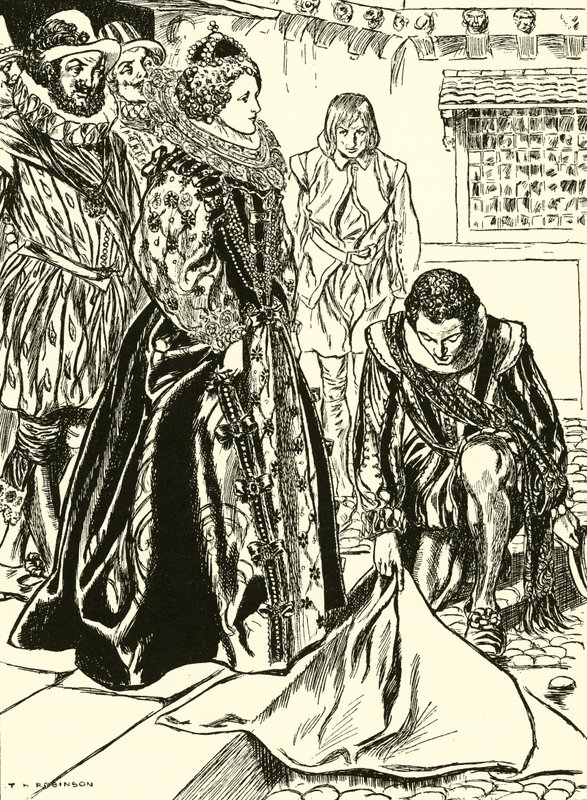 Raleigh levittää viittansa Elisabetin eteen (kaiverrus). tekijältä Thomas Heath Robinson
