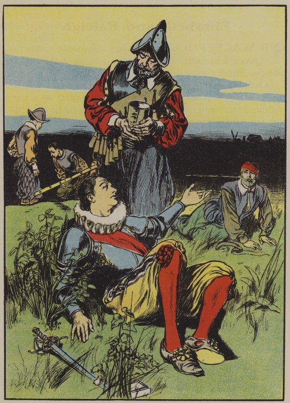 Sir Philip Sidney ja kuoleva sotilas (värilitografia) tekijältä Thomas Heath Robinson