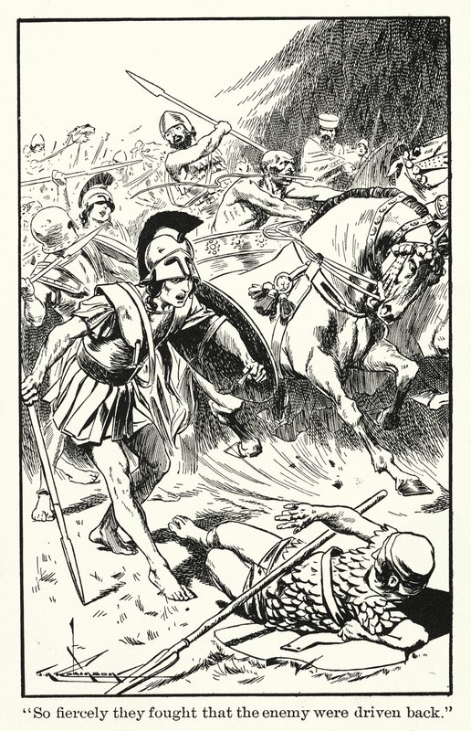 "He taistelivat niin kiivaasti, että vihollinen ajettiin takaisin" (litografia) tekijältä Thomas Heath Robinson