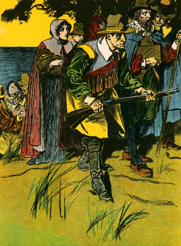 Pyhiinvaeltajaisät saapuvat Uuteen maailmaan (värilitografia) tekijältä Thomas Heath Robinson