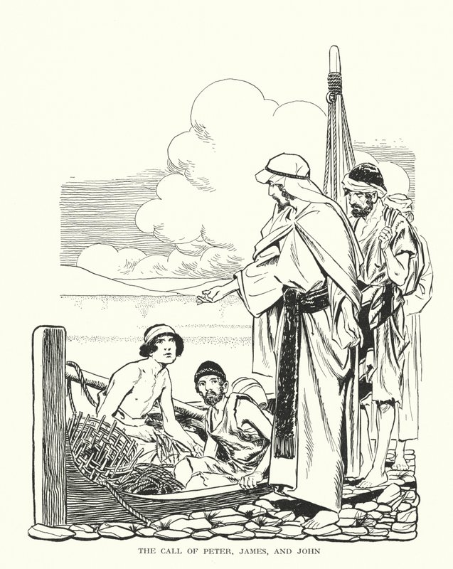 Pietarin, Jaakobin ja Johanneksen kutsuminen (litografia) tekijältä Thomas Heath Robinson