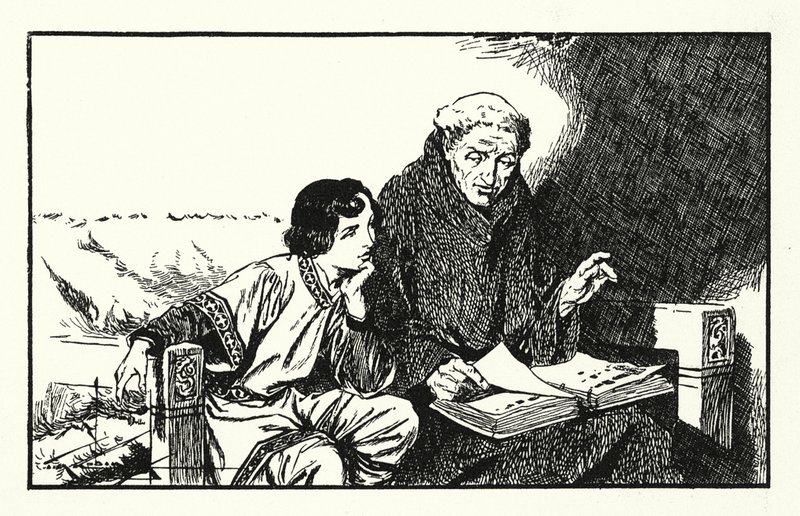 Tulevan kuningas Alfredin kouluttaminen (litografia) tekijältä Thomas Heath Robinson
