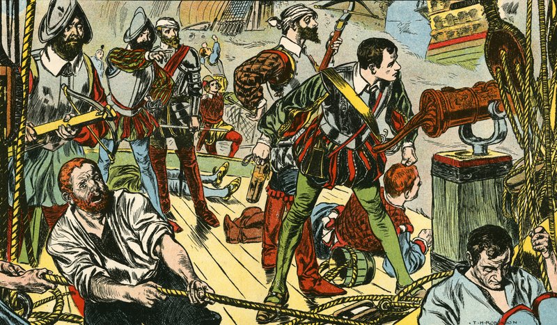 Pieni "Revenge" taistelee viittäkymmentä espanjalaista kaleonia vastaan (värilitografia). tekijältä Thomas Heath Robinson