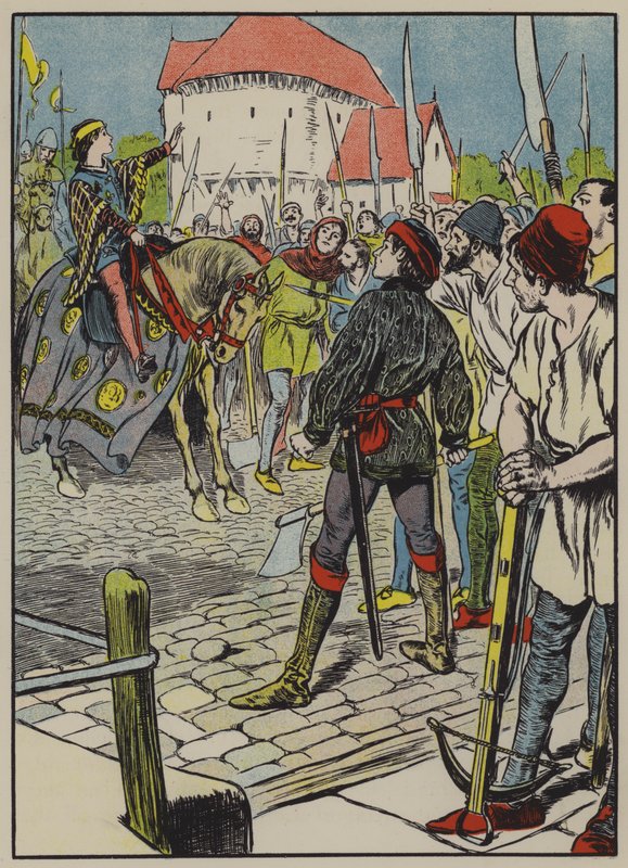Nuori kuningas Rikhard tukahduttaa kapinan (värilitografia) tekijältä Thomas Heath Robinson