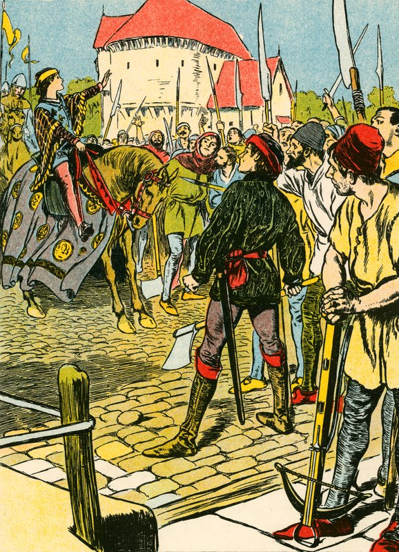 Nuori kuningas Rikhard tukahduttaa kapinan (värilitografia). tekijältä Thomas Heath Robinson