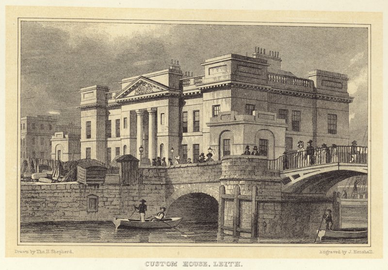 Custom House, Leith (kaiverrus) tekijältä Thomas Hosmer (after) Shepherd