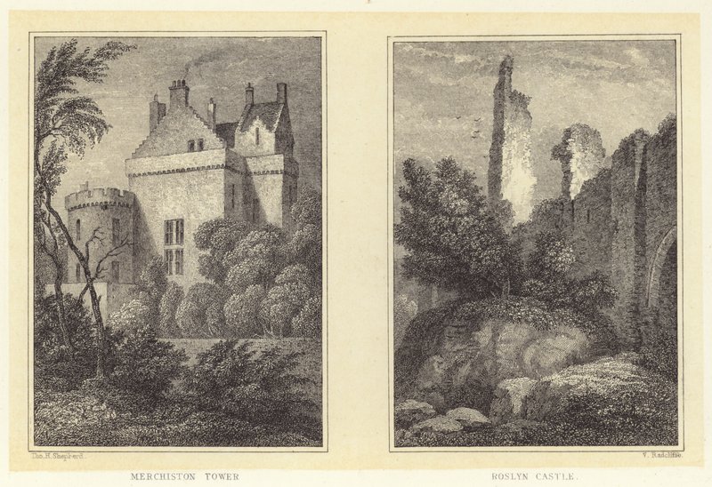 Merchiston Tower; Roslynin linna (kaiverrus) tekijältä Thomas Hosmer (after) Shepherd