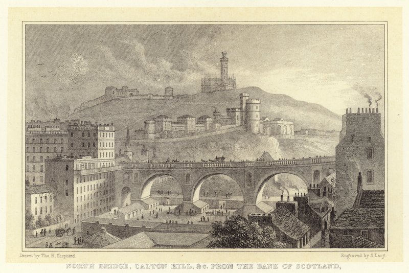 North Bridge, Caton Hill jne. Bank of Scotlandista (kaiverrus) tekijältä Thomas Hosmer (after) Shepherd