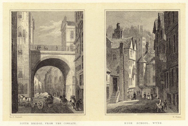 South Bridge, Cowgate; Lukio, Wynd (kaiverrus) tekijältä Thomas Hosmer (after) Shepherd