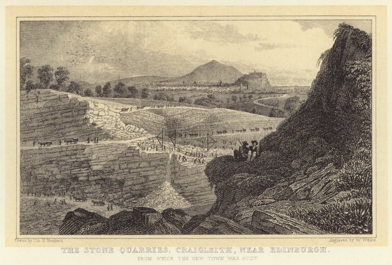 Kivilouhokset, Craigleith, lähellä Edinburghia, josta uusi kaupunki rakennettiin (kaiverrus) tekijältä Thomas Hosmer (after) Shepherd