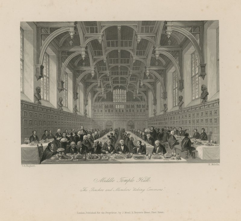 Penkit ja jäsenet "ottamassa yhteisomaisuutta" Middle Temple Hallissa tekijältä Thomas Hosmer Shepherd