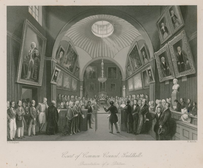 Court of Common Council, Guildhall, Lontoo; Vetoomuksen esittäminen tekijältä Thomas Hosmer Shepherd