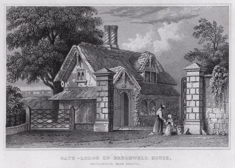 Gate-Lodge of Broomwell House, Brislington, lähellä Bristolia (kaiverrus) tekijältä Thomas Hosmer Shepherd
