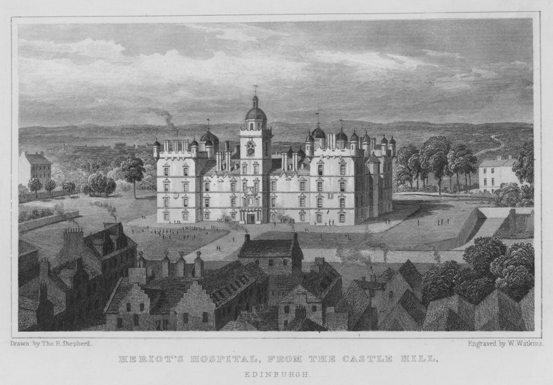 Heriotin sairaala, Castle Hill, Edinburgh (kaiverrus) tekijältä Thomas Hosmer Shepherd