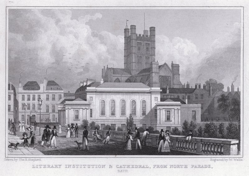 Kirjallisuusinstituutti ja katedraali, North Parade, Bath (kaiverrus) tekijältä Thomas Hosmer Shepherd