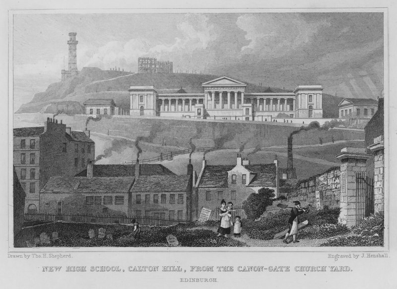 Uusi lukio, Calton Hill, Canongate Churchyardista, Edinburgh (kaiverrus) tekijältä Thomas Hosmer Shepherd