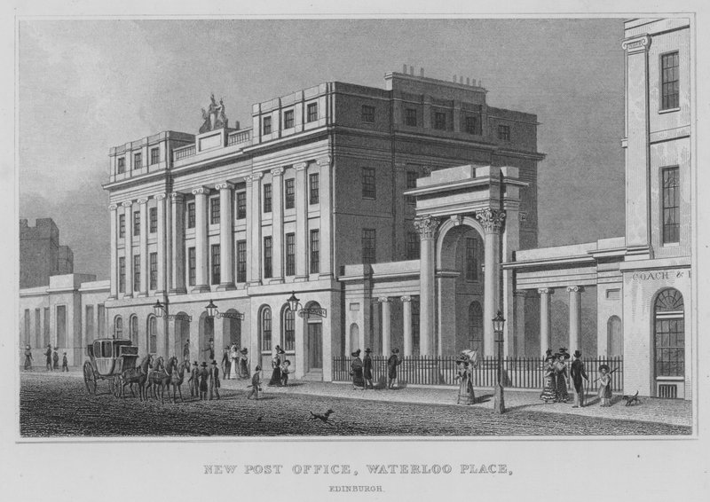 Uusi postitoimisto, Waterloo Place, Edinburgh (kaiverrus) tekijältä Thomas Hosmer Shepherd