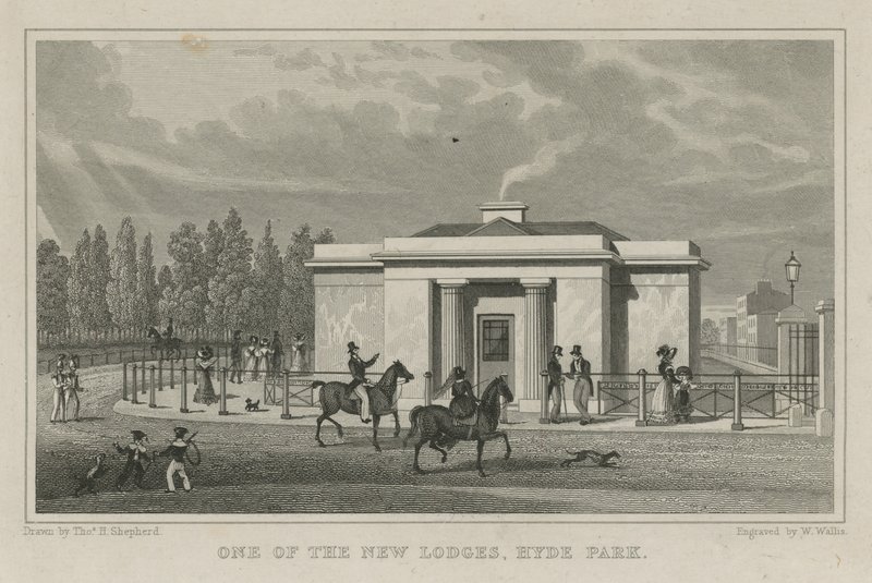 Yksi uusista lodgeista, Hyde Park, Lontoo tekijältä Thomas Hosmer Shepherd