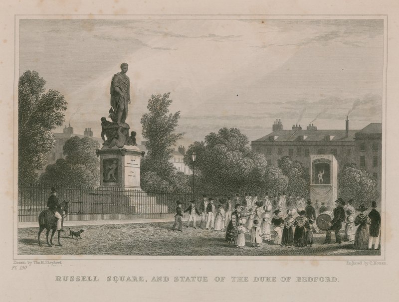 Russell Square ja Bedfordin herttuan patsas tekijältä Thomas Hosmer Shepherd