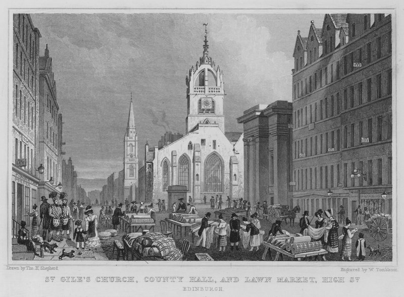 St Giles Church, County Hall ja Lawn Market, High Street, Edinburgh (kaiverrus) tekijältä Thomas Hosmer Shepherd