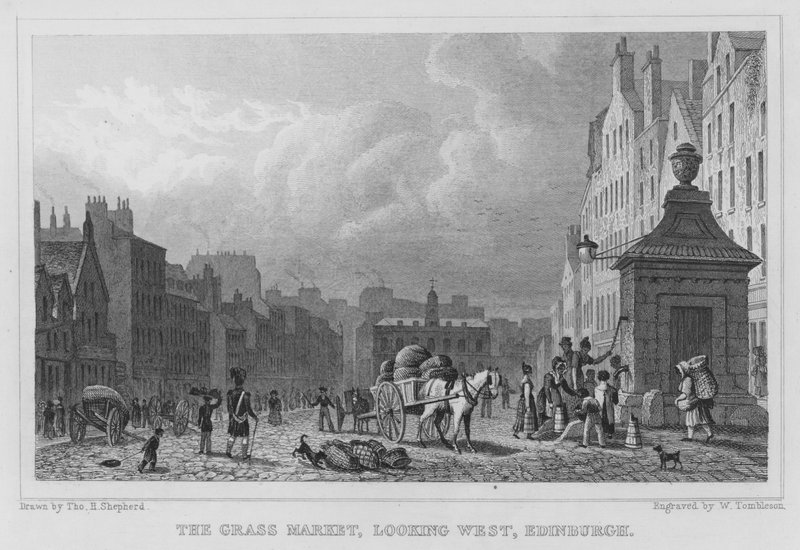 The Grass Market, katso länteen, Edinburgh (kaiverrus) tekijältä Thomas Hosmer Shepherd