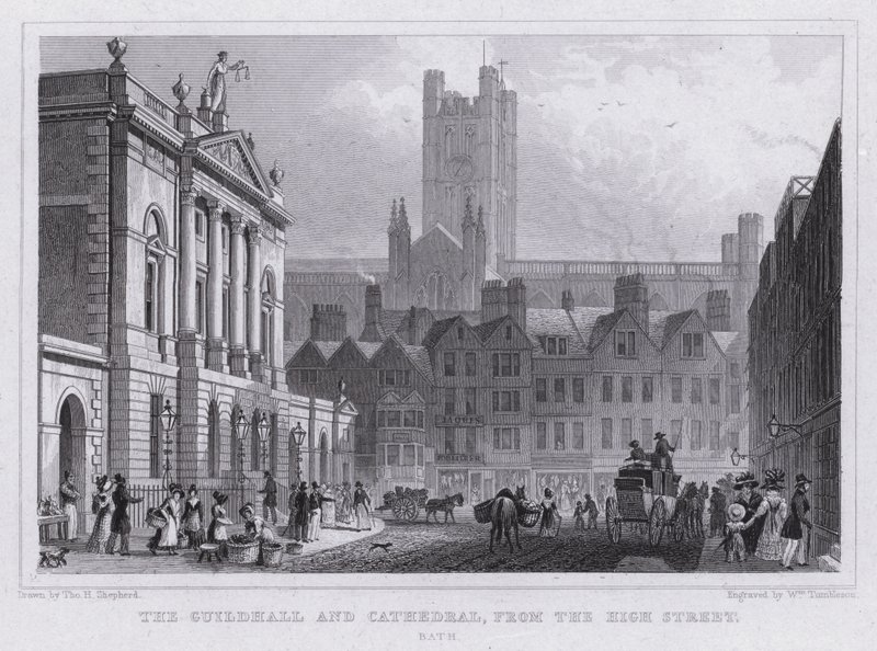 Kiltatalo ja katedraali, High Streetiltä, Bath (kaiverrus) tekijältä Thomas Hosmer Shepherd
