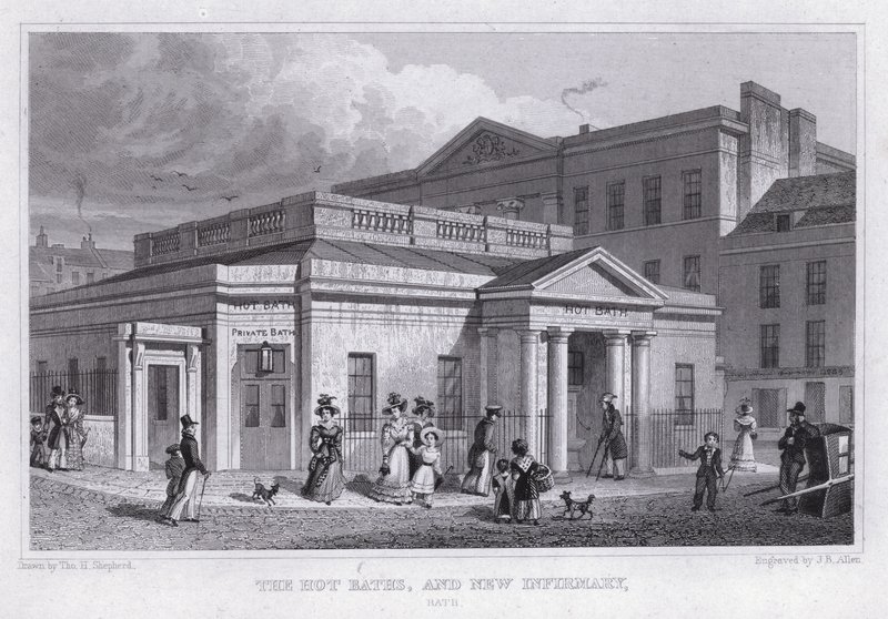 The Hot Baths ja New Infirmary, Bath (kaiverrus) tekijältä Thomas Hosmer Shepherd
