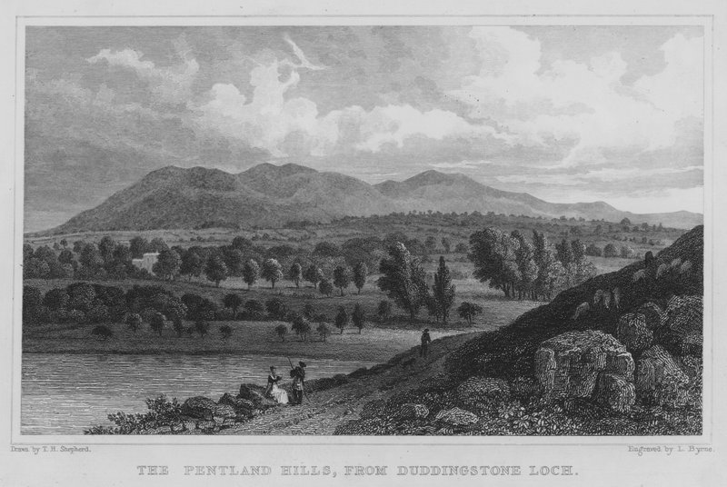 Pentland Hills, Duddingstone Lochista (kaiverrus) tekijältä Thomas Hosmer Shepherd