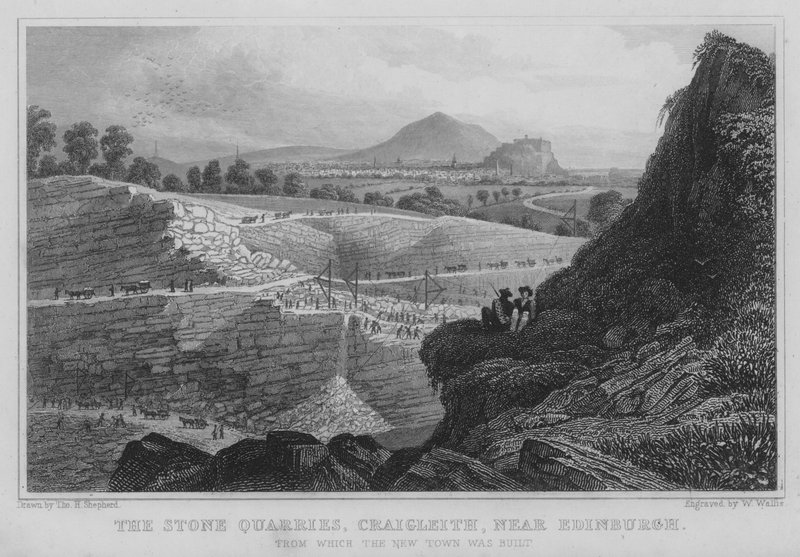 Kivilouhokset, Craigleith, lähellä Edinburghia (kaiverrus) tekijältä Thomas Hosmer Shepherd