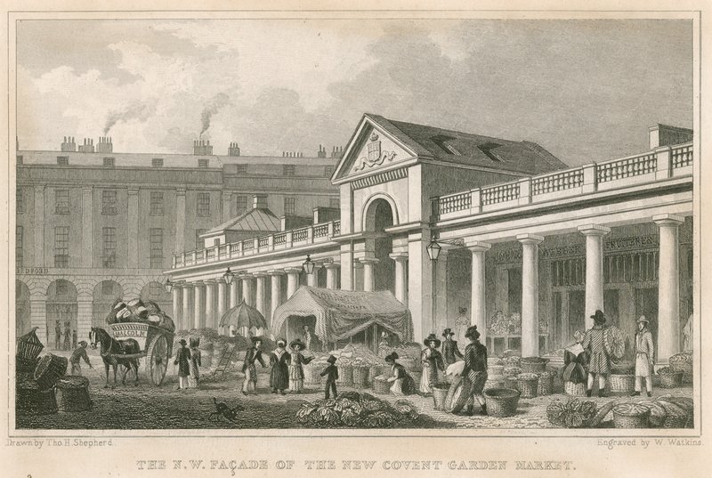 Lontoon uuden Covent Garden Marketin luoteisjulkisivu tekijältä Thomas Hosmer Shepherd