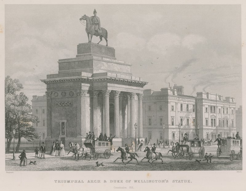 Riemukaari ja Duke of Wellingtonin patsas, Constitution Hill, Hyde Park, Lontoo tekijältä Thomas Hosmer Shepherd