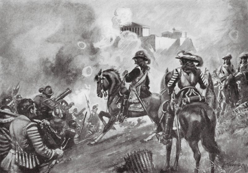 Francesco Morosini pommittaa Parthenonia tekijältä Thomas Hutchison Peddie