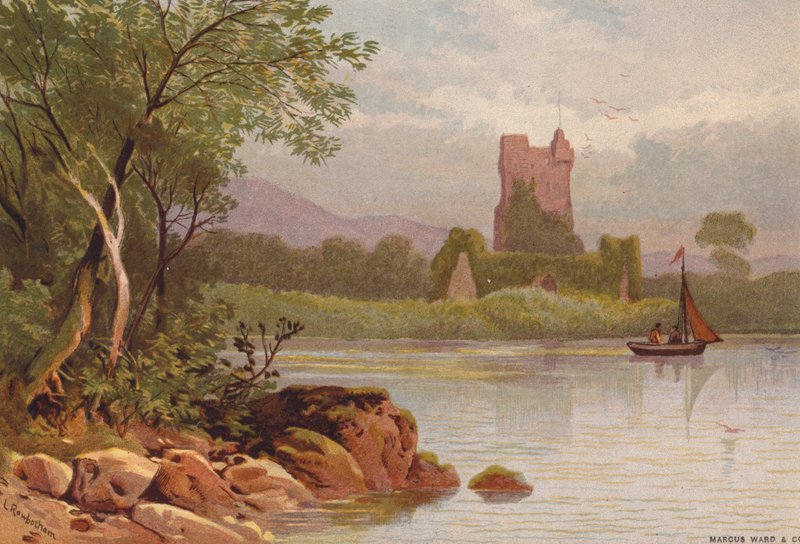 Killarney Lakes, Ross Castle (väri litho) tekijältä Thomas Leeson the Elder Rowbotham